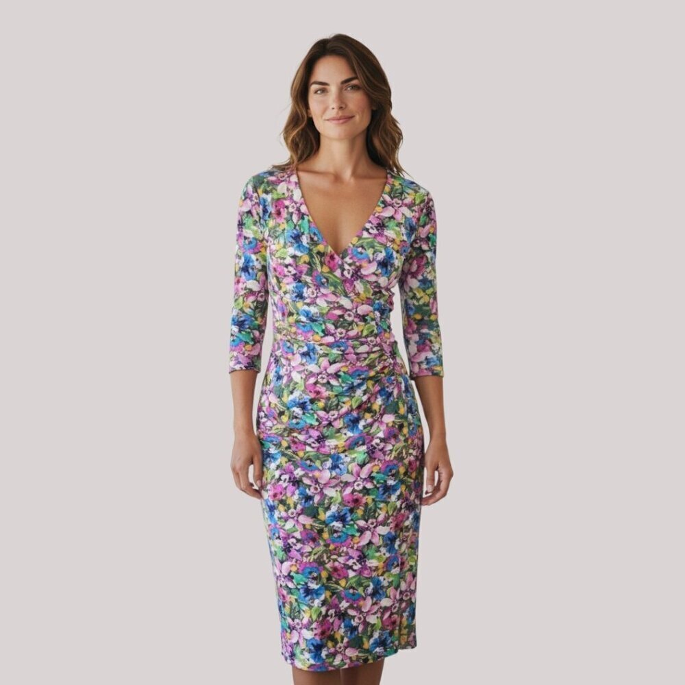 Chiara Boni La Petite Robe Italy Cocktail Dress 3/4-Sleeve Ruched Floral 40/4 Sm